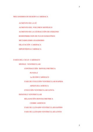 5




MECANISMOS DE RESERVA CARDIACA


    AUMENTO DE LA FC

    AUMENTO DEL VOLUMEN SISTÓLICO

    AUMENTO DE LA EXTRACCIÓN DE OXIGENO

    REDISTRIBUCION DE FLUJO SANGUÍNEO

    METABOLISMO ANAEROBIO

    DILATACIÓN CARDIACA

    HIPERTROFIA CARDIACA




FASES DEL CICLO CARDIACO

    SÍSTOLE VENTRICULAR

         CONTRACCIÓN ISOVOLUMETRICA

              PUNTO Z

              1er RUIDO CARDIACO

         FASE DE EYECCIÓN VENTRICULAR RAPIDA

              APERTURA AORTICA

         EYECCIÓN VENTRICULAR LENTA

    DIÁSTOLE VENTRICULAR

         RELAJACIÓN ISOVOLUMETRICA

              CIERRE AORTICO

         FASE DE LLENADO VENTRICULAR RAPIDO

         FASE DE LLENADO VENTRICULAR LENTO




                                               5
 