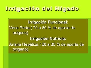 Irrigación del HígadoIrrigación del Hígado
Irrigación FuncionalIrrigación Funcional::
Vena Porta ( 70 a 80 % de aporte deVena Porta ( 70 a 80 % de aporte de
oxigeno)oxigeno)
Irrigación Nutricia:Irrigación Nutricia:
Arteria Hepática ( 20 a 30 % de aporte deArteria Hepática ( 20 a 30 % de aporte de
oxigeno)oxigeno)
 