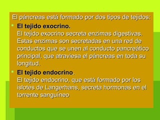 El páncreas está formado por dos tipos de tejidos:El páncreas está formado por dos tipos de tejidos:
 El tejido exocrino.El tejido exocrino.
El tejido exocrino secreta enzimas digestivas.El tejido exocrino secreta enzimas digestivas.
Estas enzimas son secretadas en una red deEstas enzimas son secretadas en una red de
conductos que se unen al conducto pancreáticoconductos que se unen al conducto pancreático
principal, que atraviesa el páncreas en toda suprincipal, que atraviesa el páncreas en toda su
longitud.longitud.
 El tejido endocrinoEl tejido endocrino..
El tejido endocrino, que está formado por losEl tejido endocrino, que está formado por los
islotes de Langerhans, secreta hormonas en elislotes de Langerhans, secreta hormonas en el
torrente sanguíneotorrente sanguíneo
 