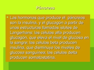  Las hormonas que produce el páncreasLas hormonas que produce el páncreas
son la insulina, y el glucagón a partir deson la insulina, y el glucagón a partir de
unas estructuras llamadas islotes deunas estructuras llamadas islotes de
Langerhans: las células alfa producenLangerhans: las células alfa producen
glucagón, que eleva el nivel de glucosa englucagón, que eleva el nivel de glucosa en
la sangre; las células beta producenla sangre; las células beta producen
insulina, que disminuye los niveles deinsulina, que disminuye los niveles de
glucosa sanguínea; las células deltaglucosa sanguínea; las células delta
producen somatostatina.producen somatostatina.
PáncreasPáncreas
 