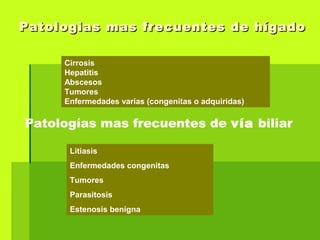 Patologias mas frecuentes de hígadoPatologias mas frecuentes de hígado
Cirrosis
Hepatitis
Abscesos
Tumores
Enfermedades varias (congenitas o adquiridas)
Patologías mas frecuentes de vía biliar
Litiasis
Enfermedades congenitas
Tumores
Parasitosis
Estenosis benigna
 