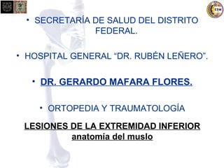 • SECRETARÍA DE SALUD DEL DISTRITO 
FEDERAL. 
• HOSPITAL GENERAL “DR. RUBÉN LEÑERO”. 
• DR. GERARDO MAFARA FLORES. 
• ORTOPEDIA Y TRAUMATOLOGÍA 
LESIONES DE LA EXTREMIDAD INFERIOR 
anatomía del muslo 
 