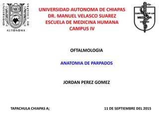 OFTALMOLOGIA
ANATOMIA DE PARPADOS
JORDAN PEREZ GOMEZ
UNIVERSIDAD AUTONOMA DE CHIAPAS
DR. MANUEL VELASCO SUAREZ
ESCUELA DE MEDICINA HUMANA
CAMPUS IV
TAPACHULA CHIAPAS A; 11 DE SEPTIEMBRE DEL 2015
 