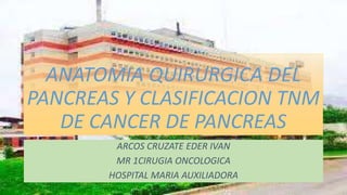 ANATOMIA QUIRURGICA DEL
PANCREAS Y CLASIFICACION TNM
DE CANCER DE PANCREAS
ARCOS CRUZATE EDER IVAN
MR 1CIRUGIA ONCOLOGICA
HOSPITAL MARIA AUXILIADORA
 