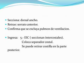  Secciona: dorsal ancho.
 Retrae: serrato anterior.
 Confirma que se excluya pulmon de ventilacion.


 Ingresa: 5.- EIC ( seccionan intercostales).
               Coloca separador costal.
               Se puede retirar costilla en la parte
  posterior.
 