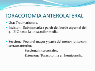 TORACOTOMIA ANTEROLATERAL
 Usa: Traumatismos.
 Incision: Submamaria a partir del borde espernal del
 4.- EIC hasta la linea axilar media.

 Secciona: Pectoral mayor y parte del menor junto con
 serrato anterior.
            Secciona intercostales.
            Esternon: Toracotomia en hemiconcha.
 