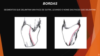 BORDAS
SEGMENTOS QUE DELIMITAM UMA FACE DE OUTRA, LEVANDO O NOME DAS FACES QUE DELIMITAM.
8
 
