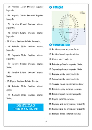 6
- 64: Primeiro Molar Decíduo Superior
Esquerdo;
- 65: Segundo Molar Decíduo Superior
Esquerdo
- 71: Incisivo Central Decíduo Inferior
Esquerdo;
- 72: Incisivo Lateral Decíduo Inferior
Esquerdo;
- 73: Canino Decíduo Inferior Esquerdo;
- 74: Primeiro Molar Decíduo Inferior
Esquerdo;
- 75: Segundo Molar Decíduo Inferior
Esquerdo;
- 81: Incisivo Central Decíduo Inferior
Direito;
- 82: Incisivo Lateral Decíduo Inferior
Direito;
- 83: Canino Decíduo Inferior Direito;
- 84: Primeiro Molar Decíduo Inferior
Direito;
- 85: Segundo molar Decíduo Inferior
Direito;
DENTIÇÃO
PERMANENTE
NOTAÇÃO
NOMENCLATURA
11: Incisivo central superior direito
12: Incisivo lateral superior direito
13: Canino superior direito
14: Primeiro pré-molar superior direito
15: Segundo pré-molar superior direito
16: Primeiro molar superior direito
17: Segundo molar superior direito
18: Terceiro molar superior direito (siso)
21: Incisivo central superior esquerdo
22: Incisivo lateral superior esquerdo
23: Canino superior esquerdo
24: Primeiro pré-molar superior esquerdo
25: Segundo pré-molar superior esquerdo
26: Primeiro molar superior esquerdo
 