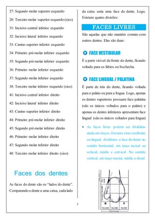 7
27: Segundo molar superior esquerdo
28: Terceiro molar superior esquerdo (siso)
31: Incisivo central inferior esquerdo
32: Incisivo lateral inferior esquerdo
33: Canino superior inferior esquerdo
34: Primeiro pré-molar inferior esquerdo
35: Segundo pré-molar inferior esquerdo
36: Primeiro molar inferior esquerdo
37: Segundo molar inferior esquerdo
38: Terceiro molar inferior esquerdo (siso)
41: Incisivo central inferior direito
42: Incisivo lateral inferior direito
43: Canino superior inferior direito
44: Primeiro pré-molar inferior direito
45: Segundo pré-molar inferior direito
46: Primeiro molar inferior direito
47: Segundo molar inferior direito
48: Terceiro molar inferior direito (siso)
Faces dos dentes
As faces do dente são os “lados do dente”.
Comparando o dente a uma caixa, cadalado
da caixa seria uma face do dente. Logo,
Existem quatro divisões:
FACES LIVRES
São aquelas que não mantém contato com
outros dentes. Elas são duas:
FACE VESTIBULAR
É a parte visível da frente do dente, ficando
voltada para os lábios ou bochecha.
FACE LINGUAL / PALATINA
É parte de trás do dente, ficando voltada
para o palato ou para a língua. Logo, apenas
os dentes superiores possuem face palatina
(são os únicos voltados para o palato) e
apenas os dentes inferiores apresentam face
lingual (são os únicos voltados para língua)
 As faces livres podem ser divididas
ainda em terços. Emuma vista vestibular
ou lingual, dividimos a face do dente no
sentido horizontal, em terço incisal ou
oclusal, médio e cervical. No sentido
vertical, em terço mesial, médio e distal.
 
