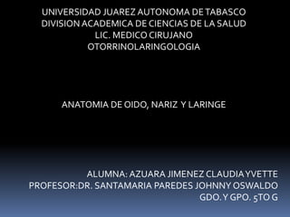 UNIVERSIDAD JUAREZ AUTONOMA DE TABASCO
  DIVISION ACADEMICA DE CIENCIAS DE LA SALUD
             LIC. MEDICO CIRUJANO
            OTORRINOLARINGOLOGIA




      ANATOMIA DE OIDO, NARIZ Y LARINGE




          ALUMNA: AZUARA JIMENEZ CLAUDIA YVETTE
PROFESOR:DR. SANTAMARIA PAREDES JOHNNY OSWALDO
                                 GDO. Y GPO. 5TO G
 