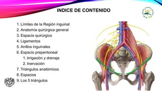 INDICE DE CONTENIDO
1. Límites de la Región inguinal
2. Anatomía quirúrgica general
3. Espacio quirúrgico
4. Ligamentos
5. Anillos inguinales
6. Espacio preperitoneal
1. Irrigación y drenaje
2. Inervación
7. Triángulos anatómicos
8. Espacios
9. Los 5 triángulos
 