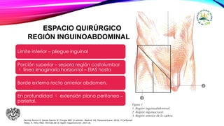 REGIÓN INGUINOABDOMINAL
Límite inferior – pliegue inguinal
Porción superior – separa región costolumbar
 línea imaginaria horizontal – EIAS hasta
Borde externo recto anterior abdomen.
En profundidad  extensión plano peritoneo –
parietal.
Parrilla Paricio P, Landa García JI. Cirugía AEC 2ᵃ edición. Madrid: Ed. Panamericana. 2010. F.Carbonell
Tatay. X. Feliu Palá. Hernias de la región inguinocrural: 203-18.
ESPACIO QUIRÚRGICO
 