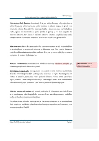 Anatomia de superfície e palpatória da coxa e joelho
Autor: Prof. Me. Leandro Nobeschi Página 3
Músculos mediais da coxa: denominado de grupo adutor, formado pelos músculos: m.
adutor longo, m. adutor curto, m. adutor mínimo, m. adutor magno, m. grácil e m.
obturador externo. O m. grácil é o mais superficial e o único que cruza a articulação do
joelho, agindo no movimento da perna (flexão da perna) e, é o mais delgado dos
músculos adutores. Para testar os músculos adutores solicite a adução da coxa, contra
uma resistência, podendo ser essa a mão do avaliador ou uma bola, por exemplo.
Músculos posteriores da coxa: conhecidos como músculos do jarrete ou isquiotibiais:
m. semitendíneo, m. semimembranáceo e m. bíceps da coxa. Com exceção da cabeça
curta do m. bíceps da coxa, que só age na flexão da perna, os outros músculos produzem
a extensão da coxa e a flexão da perna.
Músculo semitendíneo: nomeado assim devido ao seu longo tendão de inserção, que
cruza a região posterior e medial do joelho.
Estratégia para a palpação: com o paciente em decúbito ventral, posicione a articulação
do joelho em flexão (cerca 30º) e, ofereça uma resistência na região distal da perna em
sentido da extensão, solicitando para o paciente manter a posição inicial. Observe na
região posterior e medial do joelho a elevação formada pelo tendão do m. semitendíneo,
e nesse momento palpe seu tendão e, em direção proximal, seu ventre (fig.60).
Músculo semimembranáceo: por possuir um tendão de origem com aparência de uma
larga membrana o músculo citado foi nomeado. Cruza a região posterior e medial do
joelho, profundamente ao m. semitendíneo.
Estratégia para a palpação: a posição inicial é a mesma executada no m. semitendíneo.
Após localizar o tendão do músculo semitendíneo procure palpar profundamente o m.
semimembranáceo (fig.60).
[LN2] Comentário: Utilizado
freqüentemente em reparos do
ligamento cruzado anterior.
 