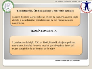 Dr. Edwin Quintero Marzo 2017.
Fernando Carbonell Tatay 1era Edición 2001
Etiopatogenia. Últimos avances y conceptos actuales
Existen diversas teorías sobre el origen de las hernias de la ingle
debido a las diferentes características de sus presentaciones
anatómicas.
A comienzos del siglo XX, en 1906, Russell, cirujano pediatra
australiano, impulsó la teoría sacular que abogaba a favor del
origen congénito de las hernias de la ingle.
TEORÍA CONGENITA
 