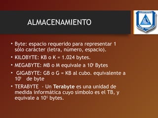 ALMACENAMIENTO
• Byte: espacio requerido para representar 1
sólo carácter (letra, número, espacio).
• KILOBYTE: KB o K = 1.024 bytes.
• MEGABYTE: MB o M equivale a 106
 Bytes
• GIGABYTE: GB o G = KB al cubo. equivalente a
109
de byte
• TERABYTE - Un Terabyte es una unidad de
medida informática cuyo símbolo es el TB, y
equivale a 1012
 bytes.
 