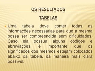 OS RESULTADOS
                   TABELAS
   Uma tabela deve conter todas as
    informações necessárias para que a mesma
    possa ser compreendida sem dificuldades.
    Caso ela possua alguns códigos e
    abreviações,    é   importante   que   os
    significados dos mesmos estejam colocados
    abaixo da tabela, da maneira mais clara
    possível.
 