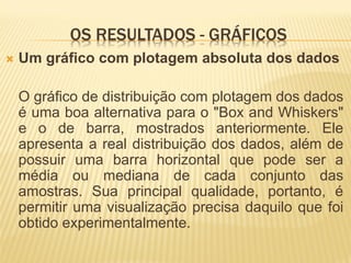 OS RESULTADOS - GRÁFICOS
   Um gráfico com plotagem absoluta dos dados

    O gráfico de distribuição com plotagem dos dados
    é uma boa alternativa para o "Box and Whiskers"
    e o de barra, mostrados anteriormente. Ele
    apresenta a real distribuição dos dados, além de
    possuir uma barra horizontal que pode ser a
    média ou mediana de cada conjunto das
    amostras. Sua principal qualidade, portanto, é
    permitir uma visualização precisa daquilo que foi
    obtido experimentalmente.
 