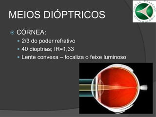 MEIOS DIÓPTRICOS
 CÓRNEA:
 2/3 do poder refrativo
 40 dioptrias; IR=1,33
 Lente convexa – focaliza o feixe luminoso
 