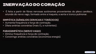 preencoded.png
INERVAÇÃO DO CORAÇÃO
• É feita a partir de fibras nervosas autônomas provenientes do plexo cardíaco,
oriundo do nervo vago, formado entre a traqueia, a aorta e tronco pulmonar.
SIMPÁTICA (GÂNGLIOS CERVICAIS E TORÁCICOS)
• Aumenta frequência e força de contração.
• Dilata artérias coronárias (mais O₂ e nutrientes).
PARASSIMPÁTICA (NERVO VAGO)
• Diminui frequência e força de contração.
• Constringe artérias coronárias (economiza energia).
 