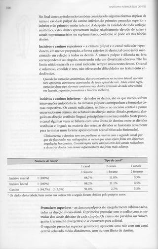 ANATOMIA INTERIOR DOS DENTES
No final deste capítulo serão também consideradas algumas formas atípicas de
raízes e cavidade pulpar do canino inferior, do primeiro premolar superior e
inferior e do primeiro molar inferior. A despeito da raridade de toda variação
anatómica, estes dentes apresentam índice relativamente elevado de raízes e
canais supranumerários ou suplementares, conforme se pode ver nas tabelas
abaixo.
Incisivos e caninos superiores - a câmara pulpar e o canal radicular repro-
duzem, em menor proporção, a forma exterior do dente, tal como já foi men-
cionado em relação a todos os dentes. A câmara pulpar é dilatada na área
correspondente ao cíngulo, mostrando nela um divertículo côncavo. Não há
limite nítido entre ela e o canal radicular, sempre único nestes dentes. O canal
é volumoso, conóide e reto, não oferecendo dificuldades no tratamento en-
dodôntico.
Quando há variações anatómicas, elas se concentram no incisivo lateral, que não
raro apresenta curvaturas acentuadas do terço apical da raiz. Aliás, como regra,
variações desse tipo são mais constantes nos dentes terminais de cada série (incisi-
vos laterais, segundos premolares e terceiros molares).
Incisivos e caninos inferiores - de todos os dentes, são os que menos sofrem
intervenções endodônticas. Ascâmaras pulpares acompanham a forma das co-
roas respectivas. Os canais radiculares, retilíneos no incisivo central e pouco
encurvados nos demais, são achatados na direção mésio-distal e,portanto, alar-
gados na direção vestíbulo-lingual, principalmente no terço médio. Neste ponto,
o canal algumas vezes se bifurca com uma ilhota de dentina entre as divisões
vestibular e lingual; na maioria das vezes, as divisões se fusionam novamente
para terminar num forame apical comum (canal bifurcado-fusionado).
Clinicamente, o dentista tem um problema a resolver com o segundo canal, por-
que ele fica oculto nas radiografias, a menos que estas sejam feitas em diferentes
angulações horizontais. Considerações sobre caninos com dois canais radiculares
e de outros dentes com canais suplementares sãofeitas mais adiante.
Incisivo central
Incisivo lateral
Canino
Número de raízes*
1 (100%)
1 (100%)
1 (94,7%) 2 (5,3%)
1 canal
1 forame
88,7%
88,2%
91,8%
Tipo de canal*
2 canais
1 forame
11,0%
11,1%
2,7%
2 canais
2 forames
0,3%
0,5%
5,5%
Os dados desta tabela, bem como das outras três a seguir, foram obtidos pelo próprio autor.
Premolares superiores - ascâmaras pulparessãoirregularmentecúbicas eacha-
tadas na direção mésio-distal. O primeiro premolar tem o soalho com as en-
tradas dos canais debaixo de cada cúspide. Os canais são paralelos ou conver-
gentes (raramente divergentes) e se encurvam para a distai.
O segundo premolar superior geralmente apresenta uma raiz com um canal
central achatado mésio-distalmente, com ou sem ilhota de dentina.
 
