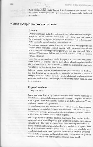 ESCULTURA EM CERA DE DENTES ISOLADOS
-MO
Com o mdispéftsavèf-esíyflb fias descrições dos dentes e com suficiente práti-
ca, o aluno não mais precisará copiar a anatomia de um modelo. Esculpirá de
memória.
Como esculpir um modelo de dente
Material
O material utilizado inclui dois instrumentos de muito uso em Odontologia -
a espátula Lê Cron, com uma extremidade para cortar e outra para escavar e
dar acabamento, e a espátula ou esculpidor Hollenback, com as duas extremi-
dades destinadas a esculpir sulcos e dar acabamento.
As espátulas atuam em blocos de cera na forma de um paralelepípedo com
cerca de 40mm de altura e 15mm de largura. Os blocos podem ser adquiridos
no mercado, mas também podem ser preparados com uma mistura de 60% de
parafina, 30% de cera de abelha e 10% de cera de carnaúba (ou 5% de carnaúba
e 5% de estearina).
Uma régua ou um paquímetro e folha de papel para cobrir a bancada comple-
tam o material. Asraspas de cera que caem sobre a folha são depois embrulha-
das nela mesma para o devido descarte.A ordem e a higiene são imprescindí-
veis e fazem parte da formação do aluno.
Não serecomenda o uso de lamparina e espátula para cera com o fim de adicio-
nar cera derretida nas partes que foram recortadas ern demasia. Se ocorrer o
erro por excesso de corte ou desbaste, é preferível diminuir também as outras
partes, tornando o dente esculpido proporcionalmente menor, ou iniciar uma
nova escultura.
Etapas da escultura
(Figs. 5-1 a 5-4)
Preparo do bloco de cera (Fig. 5-Ia) - divide-se o bloco ao meio e demarca-se
com linhas nos quatros lados asduas metades - uma servirá para a esculturae
a outra, para a base. Nesta última, escolhe-se um lado e assinala-se V, para
vestibular, e em outro M, para mesial.
Na metade reservada para a escultura, mede-se 2mm a partir da extremidade
livre e risca-se na superfície do bloco marcada com V.Trata-se de uma exten-
são extra, de segurança, que poderá ou não ser usada como parte da escultura
se faltar material na borda incisai ou nas cúspides.
Nesta etapa obtém-se a medida da altura da coroa do dente que está servindo
como modelo ou a medida padrão que o professor fornecer. É interessante
aumentar entre 10 e 100% as dimensões do dente natural para facilitar o ma-
nuseio e melhor evidenciar os detalhes. Tendo, por referência, a segunda linha
riscada, transfere-se a dimensão para o bloco e marca-se com nova linha hori-
zontal. A distância entre esta e a primeira linha (metade do bloco) correspon-
derá à metade ou terço cervical da raiz. Uma maior extensão radicular pode ser
esculpida, de acordo com a orientação do professor nesse sentido.
 