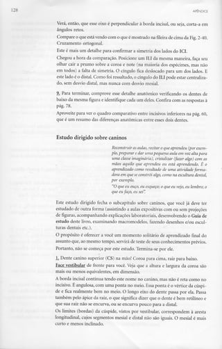 128 APÊNDICE
Verá, então, que esse eixo é perpendicular à borda incisai, ou seja, corta-a em
ângulos retos.
Compare o que está vendo com o que é mostrado na fileira de cima da Fig. 2-40.
Cruzamento ortogonal.
Este é mais um detalhe para confirmar a simetria dos lados do ICI.
Chegou a hora da comparação. Posicione um ILI da mesma maneira, faça seu
olhar cair a prumo sobre a coroa e note (na maioria dos espécimes, mas não
em todos) a falta de simetria. O cíngulo fica deslocado para um dos lados. E
este lado é o distai. Como foi ressaltado, o cíngulo do ILI pode estar centraliza-
do, sem desvio distai, mas nunca com desvio mesial.
9. Para terminar, comprove esse detalhe anatómico verificando os dentes de
baixo da mesma figura e identifique cada um deles. Confira com as respostas à
pág. 78.
Aproveite para ver o quadro comparativo entre incisivos inferiores na pág. 60,
que é um resumo das diferenças anatómicas entre esses dois dentes.
Estudo dirigido sobrecaninos
Reconstruir as aulas, recitar o que aprendeu (por exem-
plo,preparar edar uma pequena aula em voz altapara
uma classe imaginária), cristalizar (fazer algo) com as
mãos aquilo que aprendeu ou está aprendendo. É o
aprendizado como resultado de uma atividade forma-
dora em que se constrói algo, como na escultura dental,
por exemplo.
"O que eu ouço, eu esqueço; o que eu vejo, eu lembro; o
que eu faço, eu sei".
Este estudo dirigido fecha o subcapítulo sobre caninos, que você já deve ter
estudado de outra forma (assistindo a aulas expositivas com ou sem projeções
de figuras, acompanhando explicações laboratoriais, desenvolvendo o Guia de
estudo deste livro, examinando macromodelos, fazendo desenhos e/ou escul-
turas dentais etc.).
O propósito é oferecer a você um momento solitário de aprendizado final do
assunto que, ao mesmo tempo, servirá de teste de seus conhecimentos prévios.
Portanto, não se começa por este estudo. Termina-se por ele.
L Dente canino superior (CS) na mão! Coroa para cima, raiz para baixo.
Face vestibular de frente para você. Veja que a altura e largura da coroa são
mais ou menos equivalentes, em dimensão.
A borda incisai continua tendo este nome no canino, mas não é reta como no
incisivo. É angulosa, com uma ponta no meio. Essa ponta é o vértice da cúspi-
de e fica realmente bem no meio. O longo eixo do dente passa por ela. Passa
também pelo ápice da raiz, o que significa dizer que o dente é bem retilíneo e
que sua raiz não se encurva, ou se encurva pouco para a distai.
Os limites (bordas) da cúspide, vistos por vestibular, correspondem à aresta
longitudinal, cujos segmentos mesial e distai não são iguais. O mesial é mais
curto e menos inclinado.
 