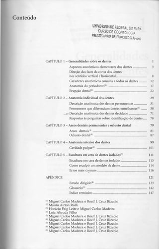 Conteúdo
CURSO DE ODONTOLOGIA
CAPITULO l - Generalidades sobre osdentes l
Aspectos anatómicos elementares dos dentes 3
Direção das faces da coroa dos dentes
nos sentidos vertical e horizontal 8
Caracteres anatómicos comuns a todos os dentes 12
Anatomia do periodonto'1' 17
Erupção dental'2' 22
CAPÍTULO 2 - Anatomia individual dosdentes 29
Descrição anatómica dos dentes permanentes 31
Pormenores que diferenciam dentes semelhantes'3' 58
> Descrição anatómica dos dentes decíduos 71
Respostas às perguntas sobre identificação de dentes 78
CAPÍTULO 3- Arcos dentais permanentes e oclusão dental 79
Arcos dentais'4' 81
Oclusão dental'5' 87
CAPITULO 4 - Anatomia interior dosdentes 99
Cavidade pulpar'6' 101
CAPÍTULO 5- Escultura em cera de dentes isolados'7' 111
Escultura em cera de dentes isolados 113
Como esculpir um modelo de dente 114
Erros mais comuns 116
APÊNDICE 121
Estudo dirigido'8' 123
Glossário'9' 142
índice remissivo 147
(1> Miguel Carlos Madeira e Roelf J. Cruz Rizzolo
(2) Mauro Airton Rulli
(3> Horácio Faig Leite e Miguel Carlos Madeira
<4> Luiz Altruda Filho
(5) Miguel Carlos Madeira e Roelf J. Cruz Rizzolo
(6) Miguel Carlos Madeira e Roelf J. Cruz Rizzolo
(7) Miguel Carlos Madeira e Roelf J. Cruz Rizzolo
(8) Miguel Carlos Madeira e Roelf J. Cruz Rizzolo
(9) Miguel Carlos Madeira e Roelf J. Cruz Rizzolo
 