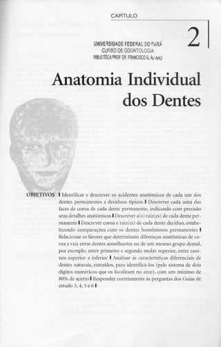 CAPITULO
UNIVERSIDADE FEDERAL DO PARÁ
CURSO DE ODONTOLOGIA
88UOTECAPROF DR.FRANCISCO6.Ál-MO
2
Anatomia Individual
dos Dentes
OBJETIVOS l Identificar e descrever os acidentes anatómicos de cada um dos
dentes permanentes e decíduos típicos l Descrever cada uma das
faces da coroa de cada dente permanente, indicando com precisão
seus detalhes anatómicos l Descrevera(s) raiz(es)de cada dente per-
manente l Descrever coroa e raiz(es) de cada dente decíduo, estabe-
lecendo comparações com os dentes homónimos permanentes l
Relacionar os fatores que determinam diferençasanatómicas de co-
roa e raiz entre dentes semelhantes ou de um mesmo grupo dental,
por exemplo, entre primeiro e segundo molar superior, entre cani-
nos superior e inferior l Analisar as características diferenciais de
dentes naturais, extraídos, para identificá-los (pelo sistema de dois
dígitos numéricos que os localizam no arco), com um mínimo de
80% de acerto l Responder corretamente às perguntas dos Guias de
estudo 3, 4, 5 e 6 l
 