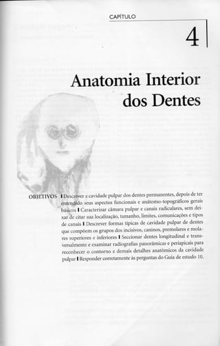 CAPITULO
4
Anatomia Interior
dos Dentes
OBJETIVOS l Descrever a cavidade pulpar dos dentes permanentes, depois de ter
entendido seus aspectos funcionais e anátomo-topográficos gerais
básicos l Caracterizar câmara pulpar e canais radiculares, sem dei-
xar de citar sua localização, tamanho, limites, comunicações e tipos
de canais l Descrever formas típicas de cavidade pulpar de dentes
que compõem os grupos dos incisivos, caninos, premolares e mola-
res superiores e inferiores l Seccionar dentes longitudinal e trans-
versalmente e examinar radiografias panorâmicas e periapicais para
reconhecer o contorno e demais detalhes anatómicos da cavidade
pulpar l Responder corretamente às perguntas do Guia de estudo 10.
 