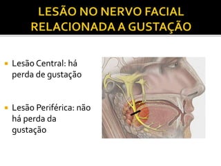  Lesão Central: há
perda de gustação
 Lesão Periférica: não
há perda da
gustação
 