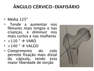 ÂNGULO CÉRVICO-DIAFISÁRIO

• Média 125°
• Tende a aumentar nos
  fêmures mais longos e nas
  crianças, e diminuir nos
  mais curtos e nas mulheres
• <110 °  VARO
• >140 °  VALGO
• Comprimento      do    colo
  permite ﬁxação mais distal
  da cápsula, tendo esta
  maior liberdade de torção
 