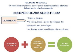 FOCOS DE AUSCULTA
Os focos são nomeados de acordo com a melhor ausculta da abertura e
fechamento da válvula em questão.
O QUE PROCURAMOS NESSES FOCOS?
•Sístole e diástole.
•Na sístole, temos a ejeção do conteúdo dos
ventrículos para a circulação.
•Na diástole, temos o enchimento dos ventrículos.
LEMBRAR!
MOVIMENTO
DO SANGUE
ABERTURA E
FECHAMENTO
DAS
VÁLVULAS
BULHAS
CARDÍACAS
 