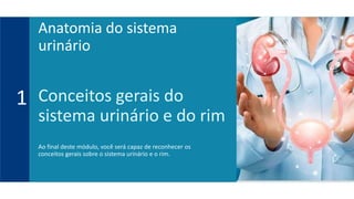 Conceitos gerais do
sistema urinário e do rim
Ao final deste módulo, você será capaz de reconhecer os
conceitos gerais sobre o sistema urinário e o rim.
1
Anatomia do sistema
urinário
 