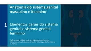 Elementos gerais do sistema
genital e sistema genital
feminino
Ao final deste módulo, você será capaz de reconhecer os
elementos gerais do sistema genital, o sistema genital feminino e
as mamas.
1
Anatomia do sistema genital
masculino e feminino
 