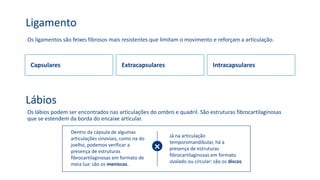 Capsulares Extracapsulares Intracapsulares
Ligamento
Os ligamentos são feixes fibrosos mais resistentes que limitam o movimento e reforçam a articulação.
Lábios
Os lábios podem ser encontrados nas articulações do ombro e quadril. São estruturas fibrocartilaginosas
que se estendem da borda do encaixe articular.
Dentro da cápsula de algumas
articulações sinoviais, como na do
joelho, podemos verificar a
presença de estruturas
fibrocartilaginosas em formato de
meia lua: são os meniscos.
Já na articulação
temporomandibular, há a
presença de estruturas
fibrocartilaginosas em formato
ovalado ou circular: são os discos.
 
