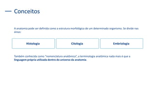 Conceitos
A anatomia pode ser definida como a estrutura morfológica de um determinado organismo. Se divide nas
áreas:
Também conhecida como “nomenclatura anatômica”, a terminologia anatômica nada mais é que a
linguagem própria utilizada dentro do universo da anatomia.
Histologia Citologia Embriologia
 