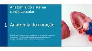Anatomia do coração
Ao final deste módulo, você será capaz de reconhecer conceitos
gerais sobre sistema cardiovascular, estrutura e função do
coração e ainda circulação pulmonar e sistêmica.
1
Anatomia do sistema
cardiovascular
 