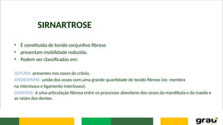 SIRNARTROSE
• É constituída de tecido conjuntivo fibroso
• presentam mobilidade reduzida.
• Podem ser classificadas em:
SUTURA: presentes nos ossos do crânio.
SINDESMOSE: união dos ossos com uma grande quantidade de tecido fibroso (ex: membra
na interóssea e ligamento interósseo).
GONFOSE: é uma articulação fibrosa entre os processos alveolares dos ossos da mandíbula e da maxila e
as raízes dos dentes.
 