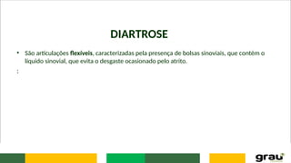 DIARTROSE
• São articulações flexíveis, caracterizadas pela presença de bolsas sinoviais, que contém o
líquido sinovial, que evita o desgaste ocasionado pelo atrito.
:
 