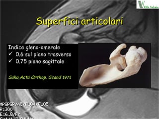 Superfici articolari Indice gleno-omerale  0.6 sul piano trasverso 0.75 piano sagittale Saha,Acta Orthop. Scand   1971 