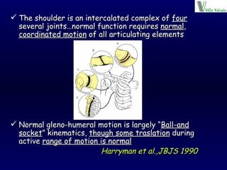 The shoulder is an intercalated complex of  four  several joints…normal function requires  normal ,  coordinated motion  of all articulating elements Normal gleno-humeral motion is largely “ Ball-and socket ” kinematics,  though some traslation  during active  range of motion is normal Harryman et al.,JBJS 1990  