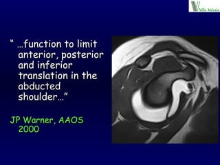 “ … function to limit anterior, posterior and inferior translation in the abducted shoulder…” JP Warner, AAOS 2000 