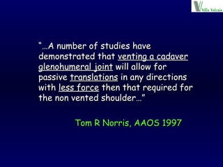 “… A number of studies have demonstrated that  venting a cadaver glenohumeral joint  will allow for passive  translations  in any directions with  less force  then that required for the non vented shoulder…” Tom R Norris, AAOS 1997 