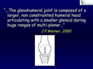 “ ...The glenohumeral joint is composed of a larger, non constrainted humeral head articulating with a smaller glenoid during huge ranges of multi-planar…” J.P.Warner, 2000   