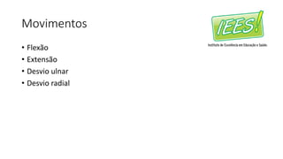 Movimentos
• Flexão
• Extensão
• Desvio ulnar
• Desvio radial
 
