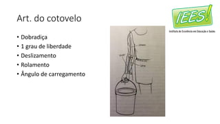 Art. do cotovelo
• Dobradiça
• 1 grau de liberdade
• Deslizamento
• Rolamento
• Ângulo de carregamento
 