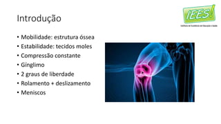 Introdução
• Mobilidade: estrutura óssea
• Estabilidade: tecidos moles
• Compressão constante
• Gínglimo
• 2 graus de liberdade
• Rolamento + deslizamento
• Meniscos
 