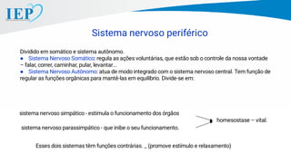 Sistema nervoso periférico
Dividido em somático e sistema autônomo.
● Sistema Nervoso Somático: regula as ações voluntárias, que estão sob o controle da nossa vontade
– falar, correr, caminhar, pular, levantar...
● Sistema Nervoso Autônomo: atua de modo integrado com o sistema nervoso central. Tem função de
regular as funções orgânicas para mantê-las em equilíbrio. Divide-se em:
sistema nervoso simpático - estimula o funcionamento dos órgãos
sistema nervoso parassimpático - que inibe o seu funcionamento.
Esses dois sistemas têm funções contrárias. _ (promove estímulo e relaxamento)
homesostase – vital.
 
