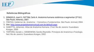 Referências Bibliográﬁcas
1. DÂNGELO, José G.; FATTINI, Carlo A. Anatomia humana sistêmica e segmentar (3ª Ed.).
São Paulo: Atheneu, 2007.
2. FREITAS, Valdemar de. Anatomia – Conceitos e Fundamentos. São Paulo: Artmed, 2004.
3. Site: http://www.projetohomemvirtual.com.br/default.aspx
4. SOBOTTA, Johannes. Atlas de Anatomia Humana. 21ed. Rio de Janeiro: Guanabara
Koogan, 2000.
5. TORTORA, Gerald J.; GRABOWSKI, Sandra Reynolds. Princípios de Anatomia e Fisiologia.
9ed. Rio de Janeiro: Guanabara Koogan, 2002.
 