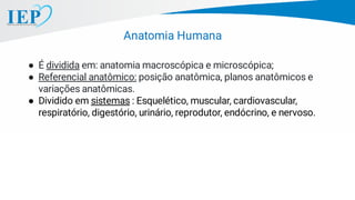 ● É dividida em: anatomia macroscópica e microscópica;
● Referencial anatômico: posição anatômica, planos anatômicos e
variações anatômicas.
● Dividido em sistemas : Esquelético, muscular, cardiovascular,
respiratório, digestório, urinário, reprodutor, endócrino, e nervoso.
Anatomia Humana
 